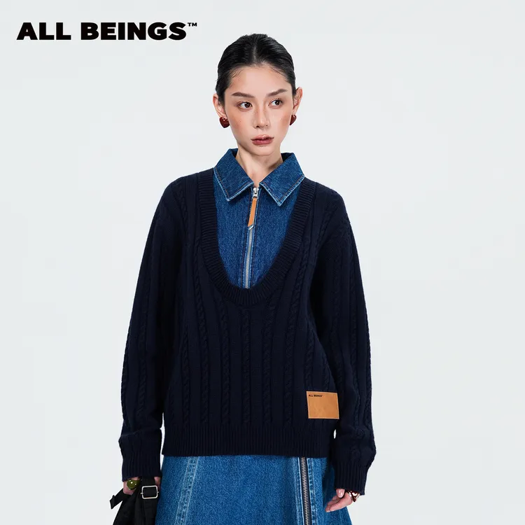 【口口专属】ALL BEINGS25年秋冬套头时尚复古半拉链牛仔拼接解构V领毛衣女