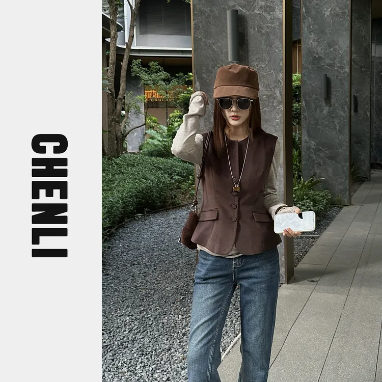 XIANJIE毛呢秋冬圆领修身单排扣气质马甲9912