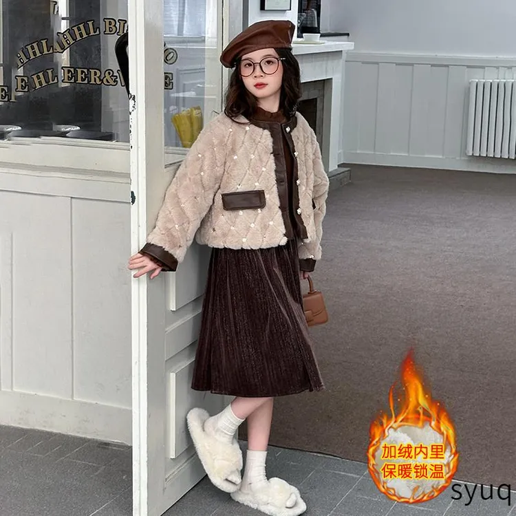 巴拉优选女大童连衣裙套装冬款2025新款女孩加绒小香风外套裙子两