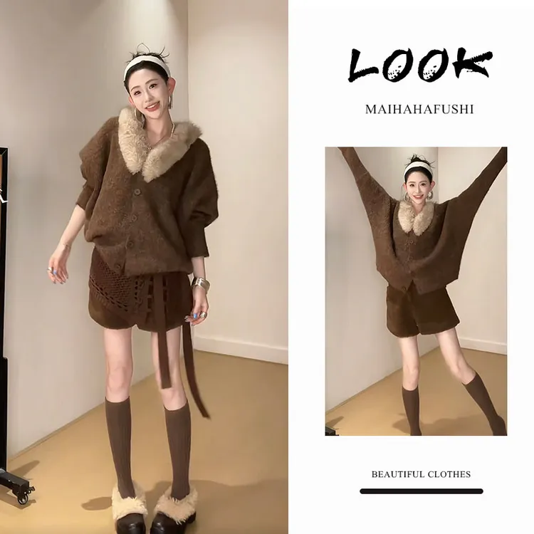 冬季一整套女装2025新款韩版洋气拼接针织开衫毛衣高腰短裤两件套