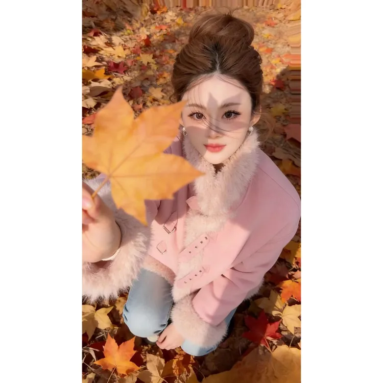 曼曼【凛冬恋歌】韩系翻领环保皮毛一体加厚保暖外套25396#5029#