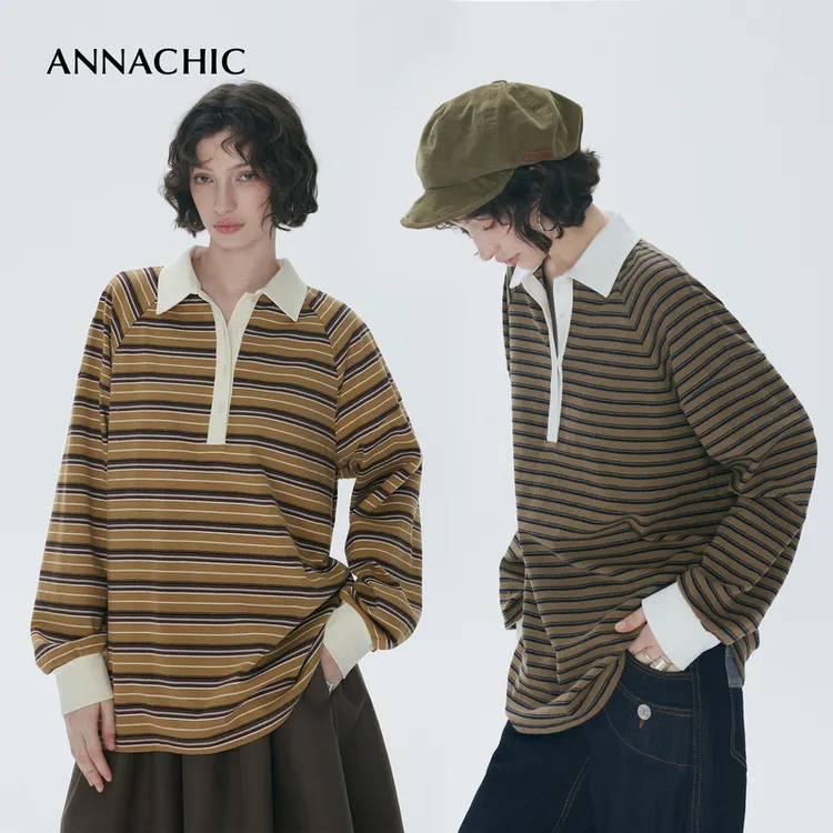 ANNACHIC时髦老钱_撞色条纹Polo衫女/宽松显瘦T恤松弛感长袖上衣