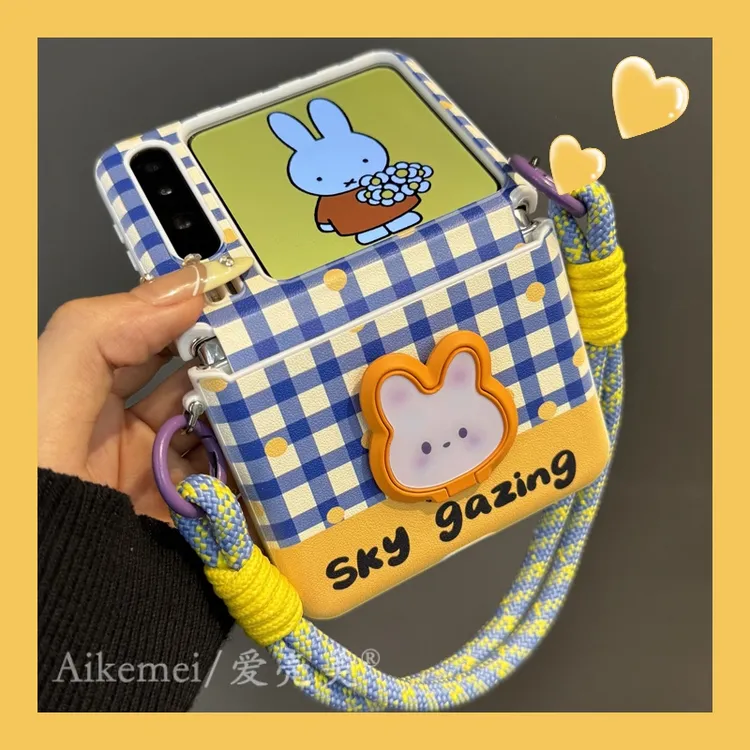 适用华为PuraX折叠屏手机壳pocket2黄蓝格子小米MIX Flip兔子支架