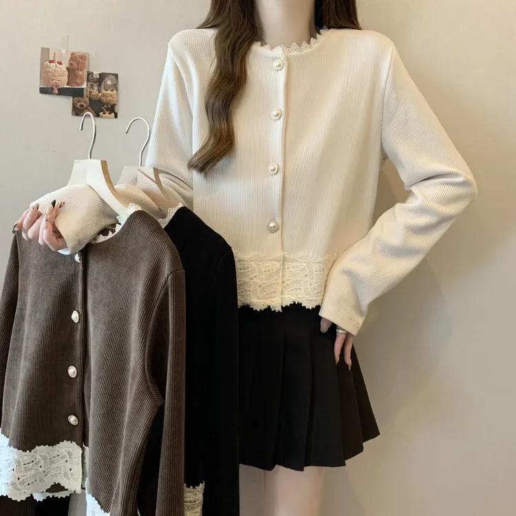 实拍大码~2025新款时尚拼接蕾丝灯芯绒短外套开衫显瘦设计感上衣