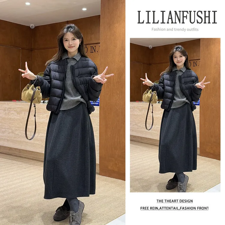 【现货爆款】流行套装2025新款棉服外套纯色长袖针织显瘦半身裙套装