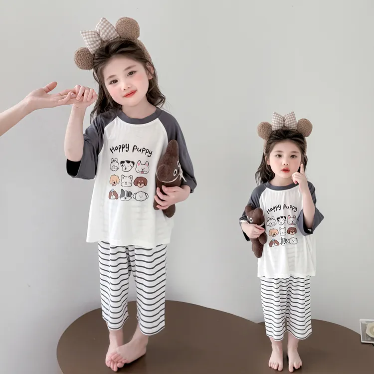 儿童夏季薄款女孩睡衣空调服2025新款莫代尔女宝宝条纹裤子家居服