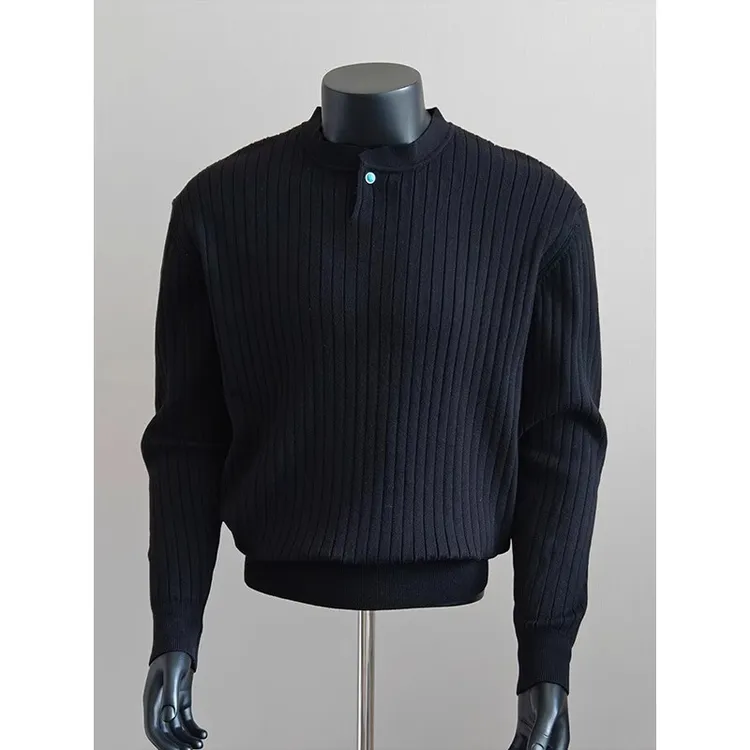 黑色肌理感亨利领针织毛衣男士秋季潮牌高级感内搭收腰针织衫上衣