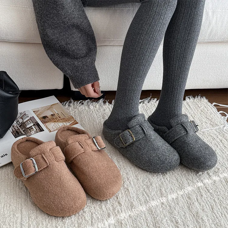 冬季韩版简约格雷西女款厚底包头拖鞋加绒加厚保暖一脚蹬勃肯鞋子