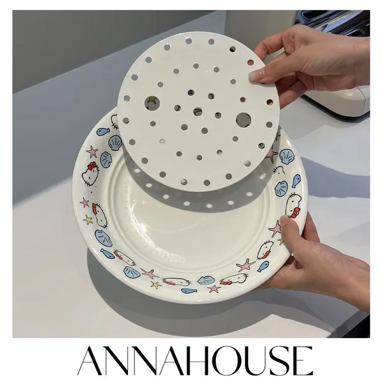 ANNAHOUSE碱水包沥水饺子盘陶瓷深盘家用菜盘双层水饺釉下彩YM