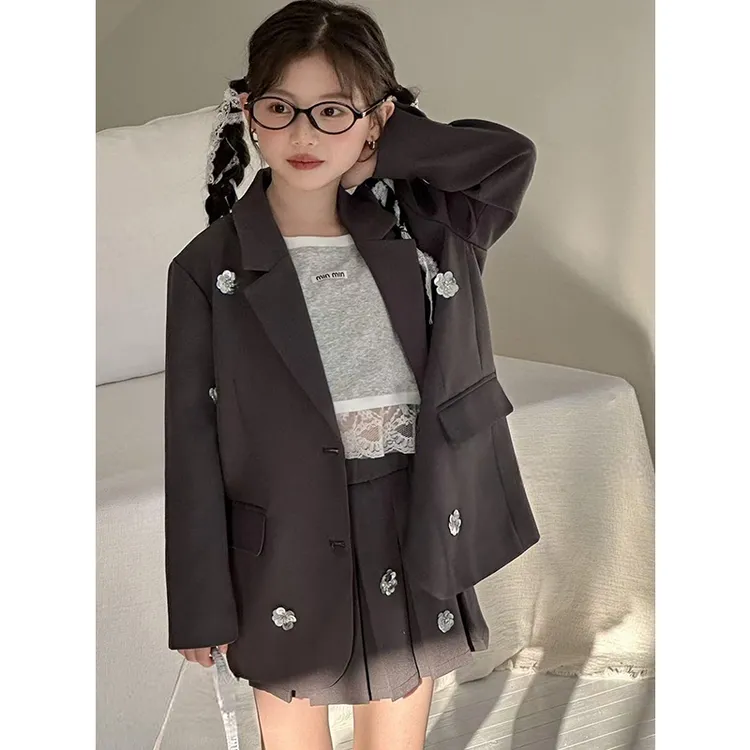 K28388亮片花朵女童西服套装2025春装新款儿童两件套春秋半裙外套