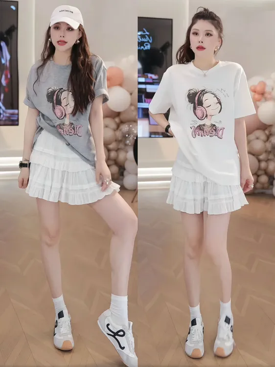 【音乐女孩】韩版卡通印花镂空绑带显瘦T恤+百搭蛋糕蓬蓬裤裙套装夏