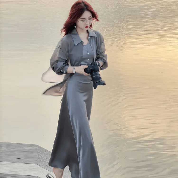 连衣裙套装女夏季新款洋气防晒衬衫搭配吊带裙长裙子两件套上衣潮