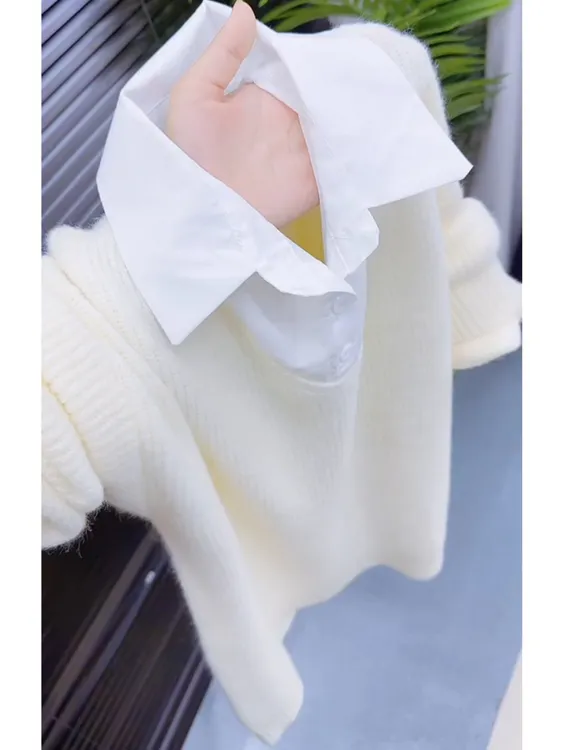 法式新款长袖POLO领领口带扣米白色上衣女装2025早秋慵懒风针织衫