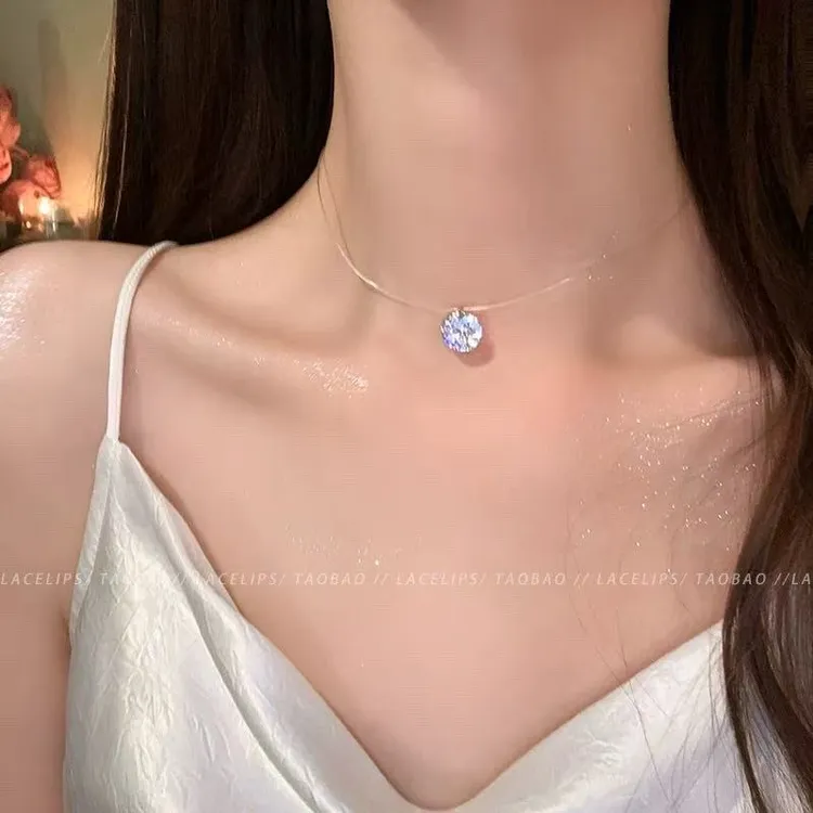合金锆石项链 小众设计感锁骨链人鱼之泪微镶锆石项链透明鱼丝线