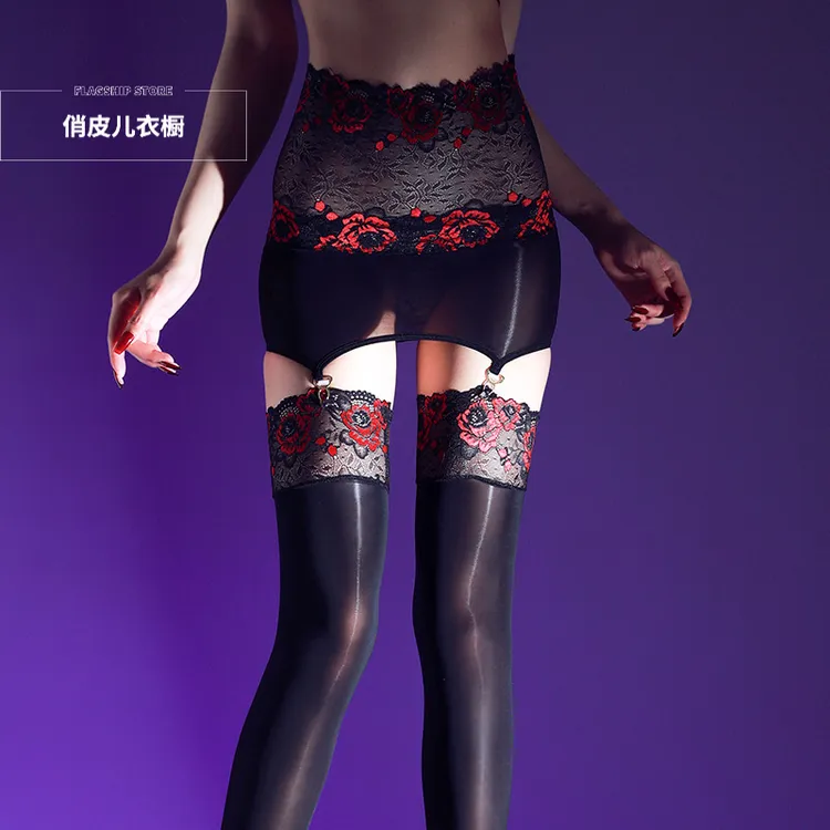 「蔷薇」吊带一体高腰马油包臀裙蕾丝长筒袜女黑丝袜性感黑色