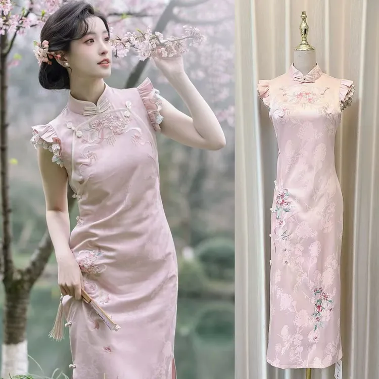 2025夏季新款粉色优雅气质修身显瘦连衣裙中式少女订婚绣花旗袍裙