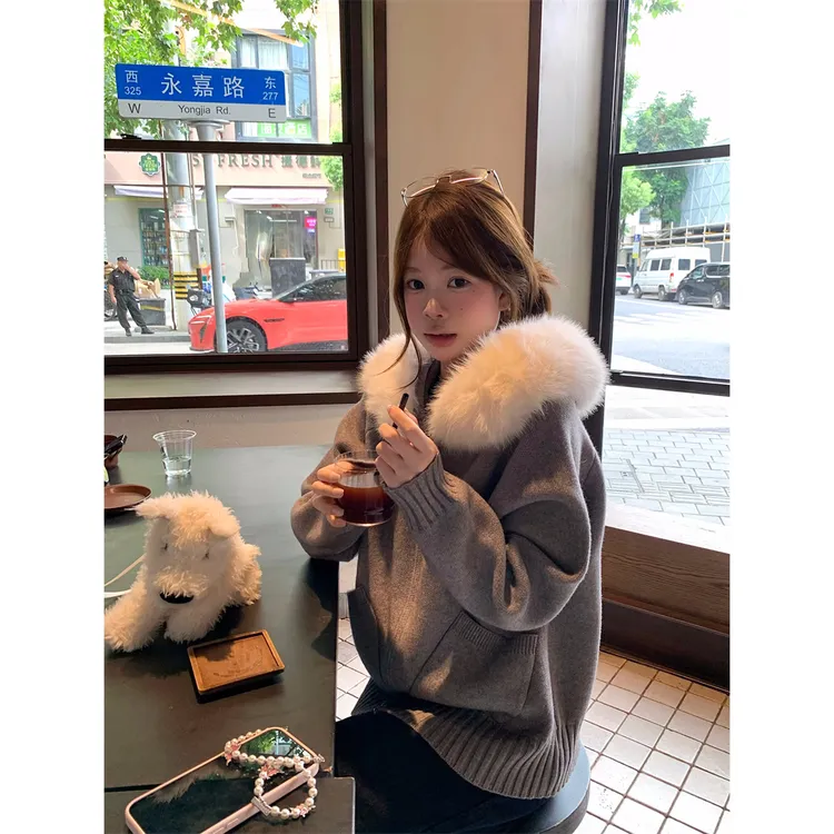 希妮丝 韩版小众气质简约大毛领针织毛衣外套大衣女装秋冬高级感