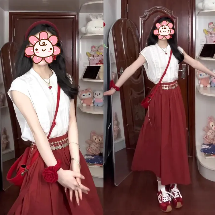网红洋气炸街女装2025夏季新款宽松无袖衬衫高腰A字半身裙两件套