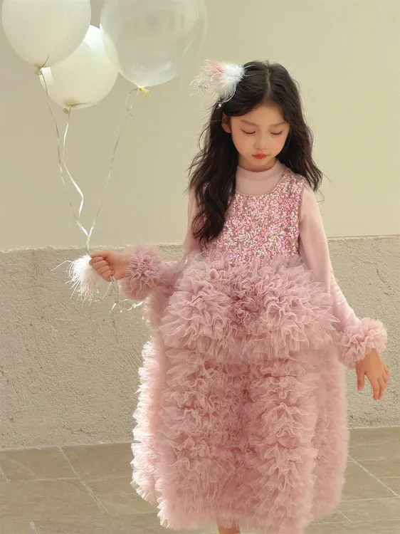 女童新款粉色亮片公主裙网纱蓬蓬背心生日礼服裙子秋冬演出蛋糕裙