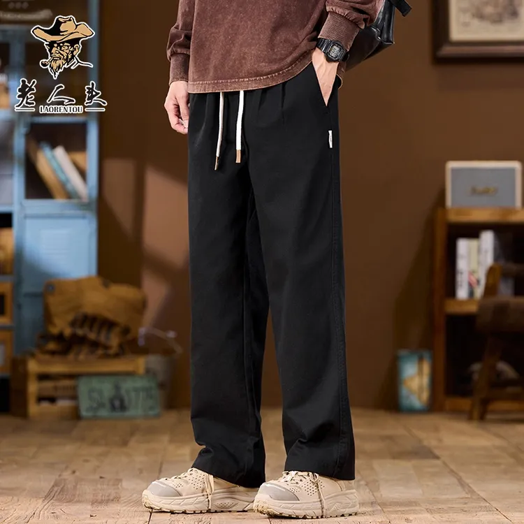 老人头2025纯棉休闲裤男款垂感百搭时尚春秋季宽松抽绳纯棉直筒裤