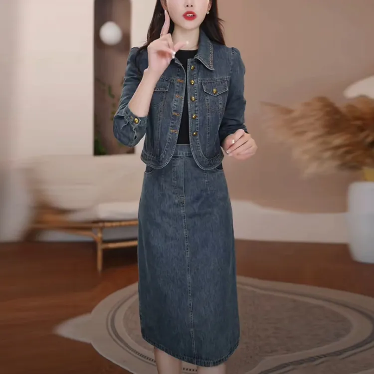 牛仔套装裙2025秋季新款长袖轻奢名媛时尚洋气显瘦两件套连衣裙子