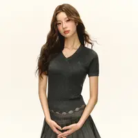 Ariseism  美式复古纯色V领针织短袖t恤女夏季新款百搭宽松上衣