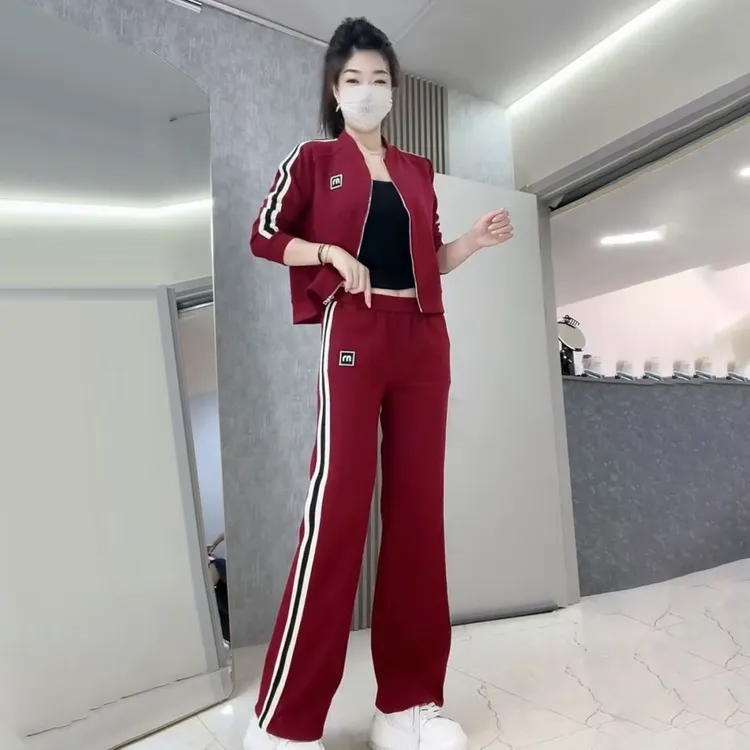 运动风洋气开衫气质百搭时尚套装秋季减龄显瘦休闲风条纹阔腿裤