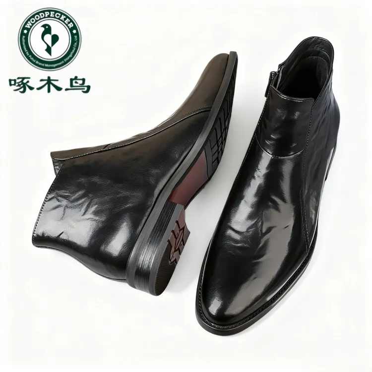 啄木鸟男士切尔西靴英伦复古商务尖头高帮皮鞋冬季加绒保暖皮靴子