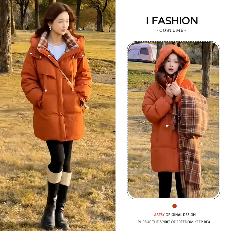 2025年冬季新款设计感韩版时尚棉服女拼接加厚保暖中长款棉衣外套