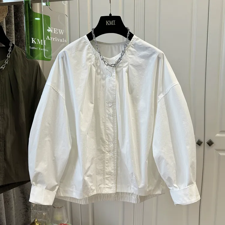 设计感压皱圆领下摆松紧长袖衬衫女时尚宽松百搭秋季新款轻薄外套