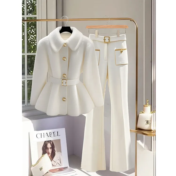 高级感洋气时尚百搭显瘦气质厚款外套女秋冬季高腰休闲裤子两件套