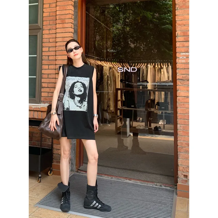 Players Handbook 《朋克美学》美式复古做旧印花休闲背心裙PH2370