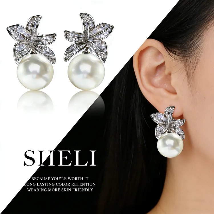 铜合金仿珍珠耳饰 铜合金法式轻奢亮闪珠珠耳钉气质精致百搭耳饰