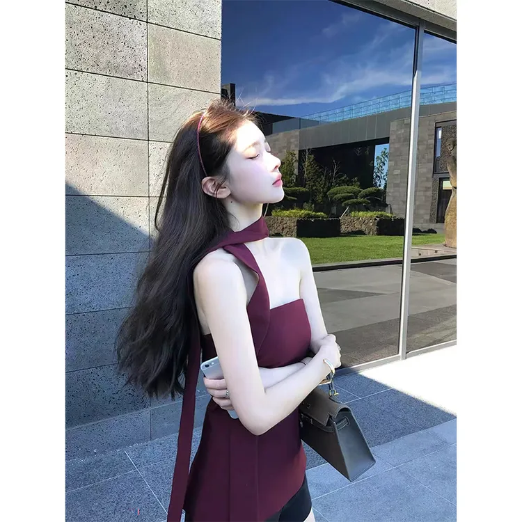 2025夏季新款挂脖飘带无袖抹胸背心上衣简约百搭气质小众修身显瘦