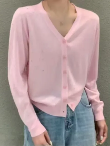 薄款夏季V领长袖女拼接毛针织衫上衣衬衫圆领休闲