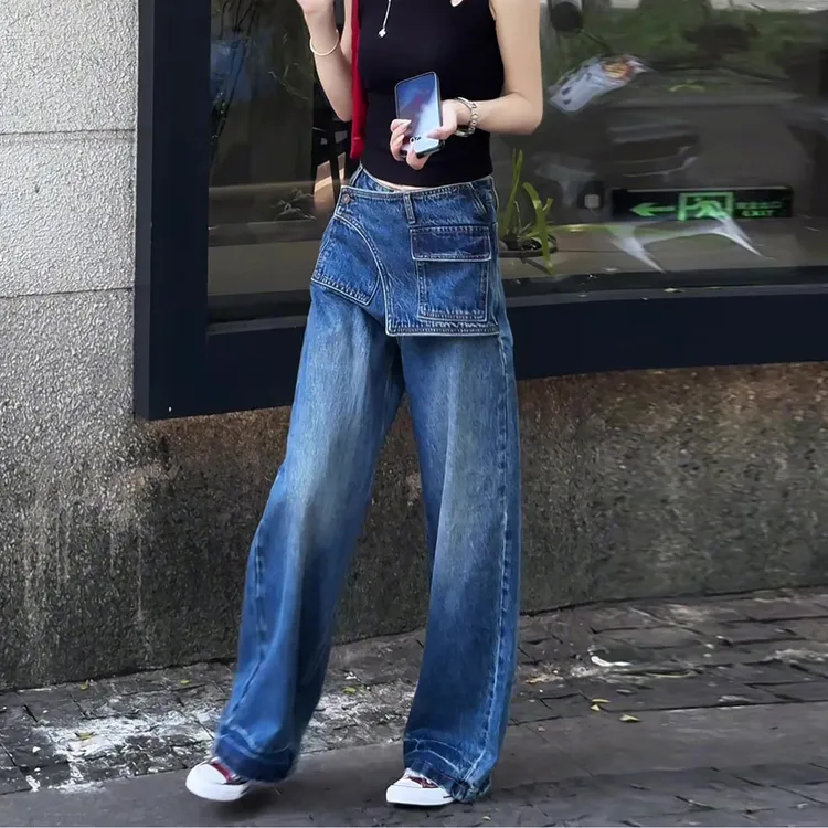 假两件牛仔裤女秋季新款设计感大码裤子胖mm显瘦款高腰宽松阔腿裤