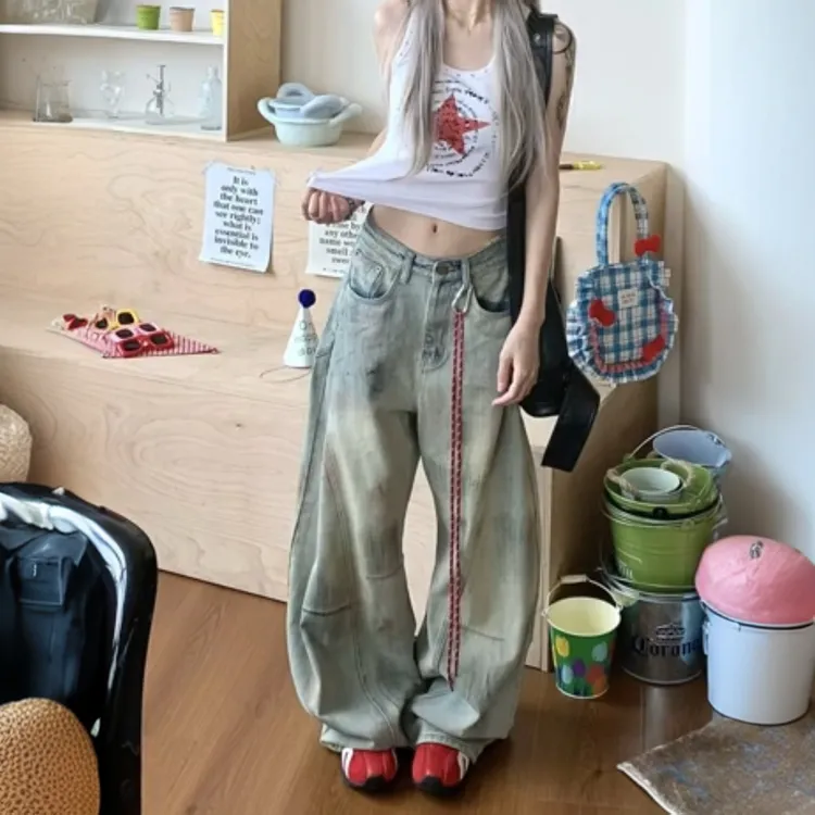 大码复古做旧脏染水洗牛仔裤女2025新款街头辣妹阔腿弯刀拖地长裤