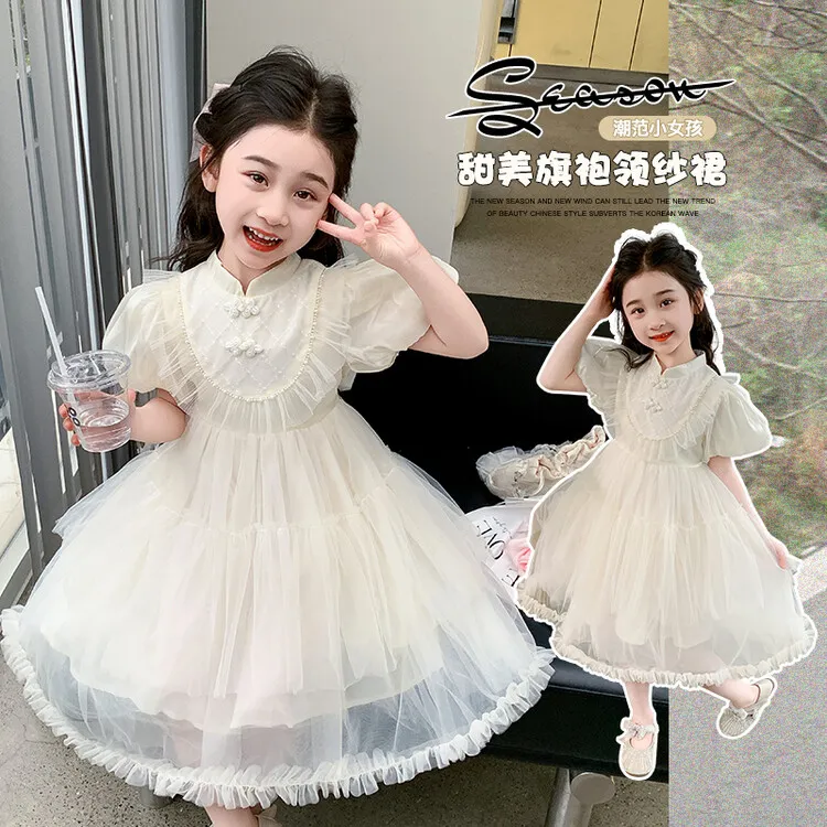 女童连衣裙夏装新款女孩蕾丝泡泡袖公主裙宝宝花童礼服蓬蓬纱裙子