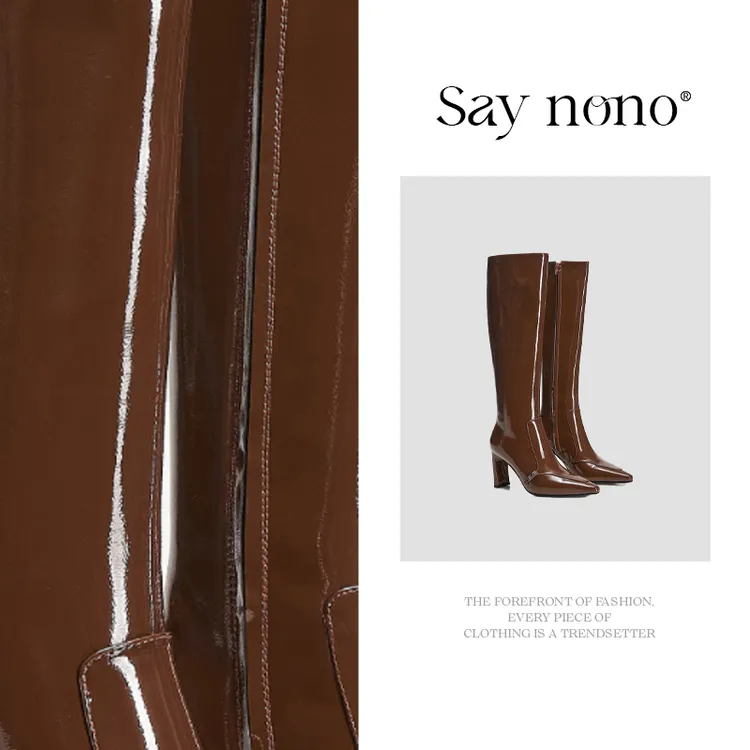Say nono 漆面不过膝粗跟侧拉链吸晴气质挑高时装靴