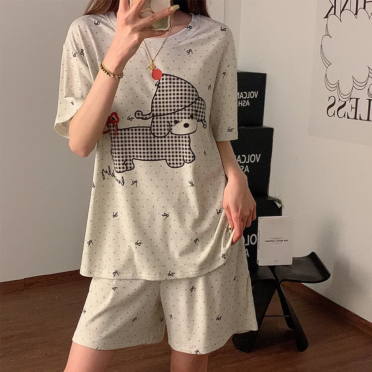 莫代尔棉睡衣女款夏季灰色小狗圆领短袖短裤学生小个子家居服套装