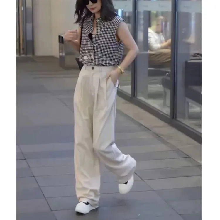 夏季新款洋气无袖格衬衫高腰休闲直筒长裤女装