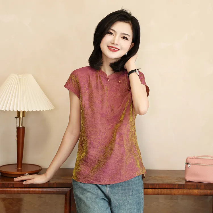 枫竺阿楠anan气质立领斜襟钉珠缎面提花国风上衣女新中式夏装衬衣