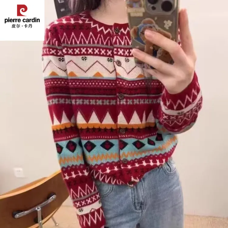 皮尔卡丹欧货2025春装新款复古民族风条纹圆领羊毛毛衣女红色外套