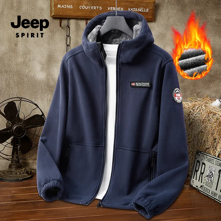 JEEPSPIRIT男士春秋新款摇粒绒外套加厚保暖连帽夹克户外抓绒上衣