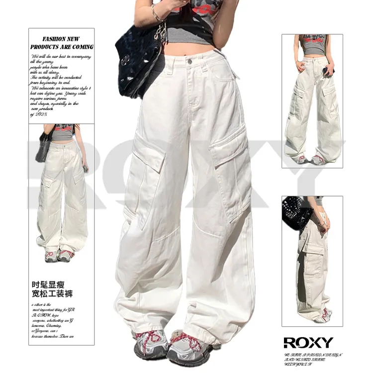 Roxy新款双色美式复古高街宽松阔腿裤口袋工装裤百搭直筒牛仔裤