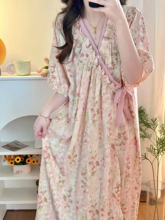 云朵棉碎花女夏天新款高级感莫奈花园长款睡裙睡衣洗澡睡衣女款