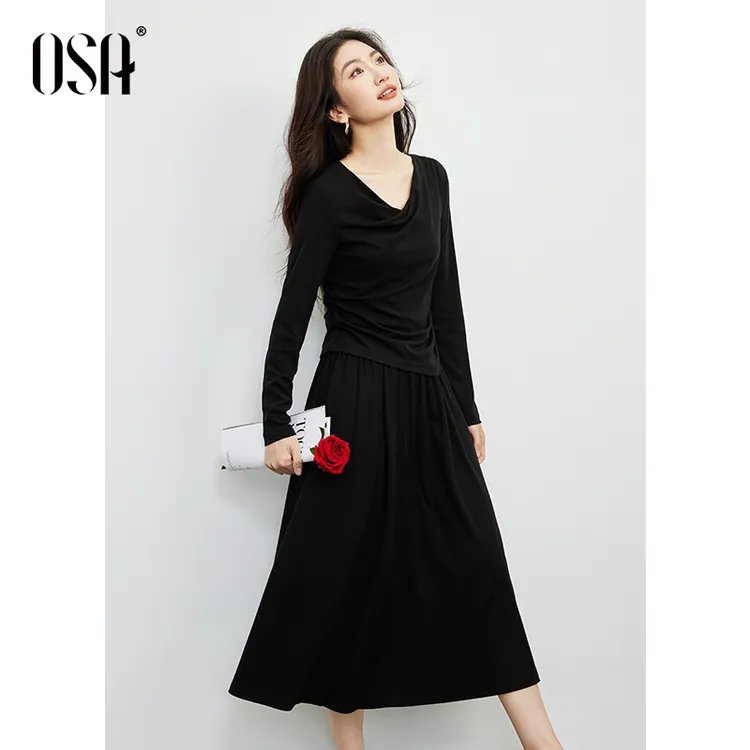 OSA/【摩卡套装】法式慵懒套装女荡领T恤半裙两件套S125C15004