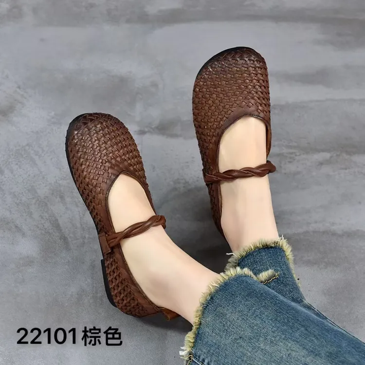 休闲棕色复古拼色浅口民族风头层牛皮凉鞋单鞋编织平底女鞋
