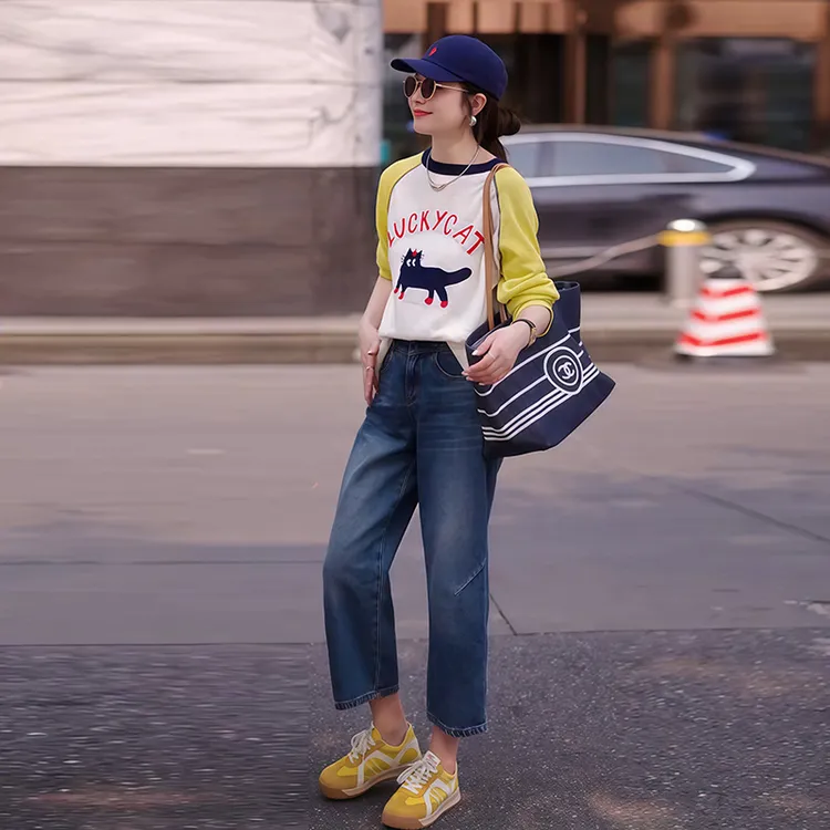 潮流时尚气质T恤牛仔裤两件套女2025春季新款宽松显瘦减龄套装潮