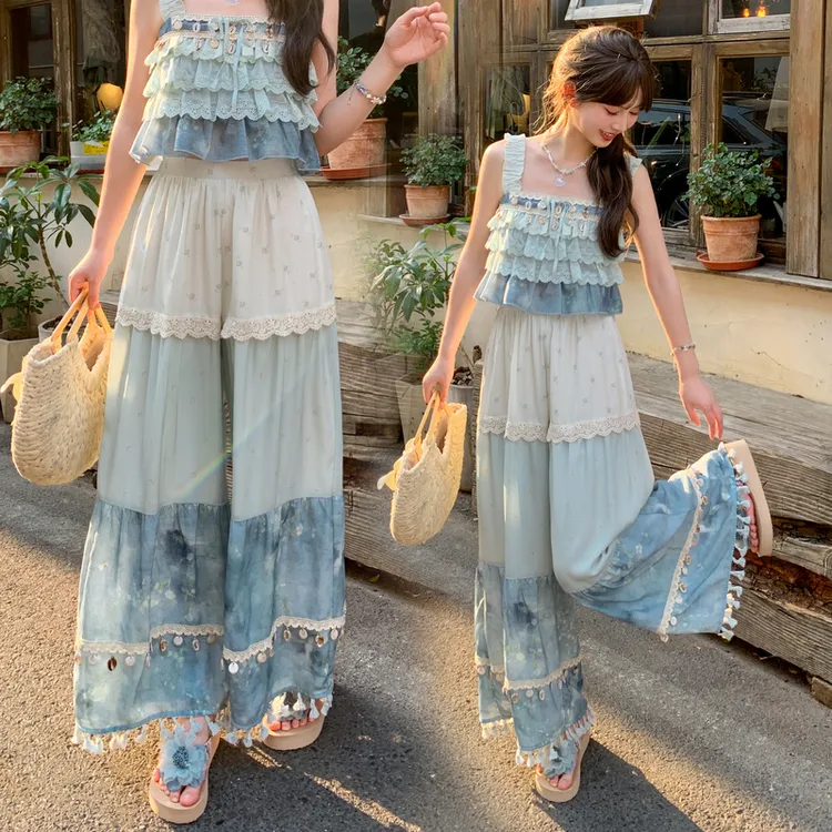 森女部落原创立体贝壳海边休闲裤度假风流苏撞色阔腿裤宽松长裤女